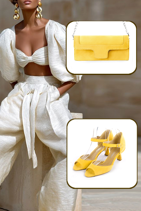 Women's yellow elegant sandals with instep strap. Square toe. Medium spool heels - Worn view